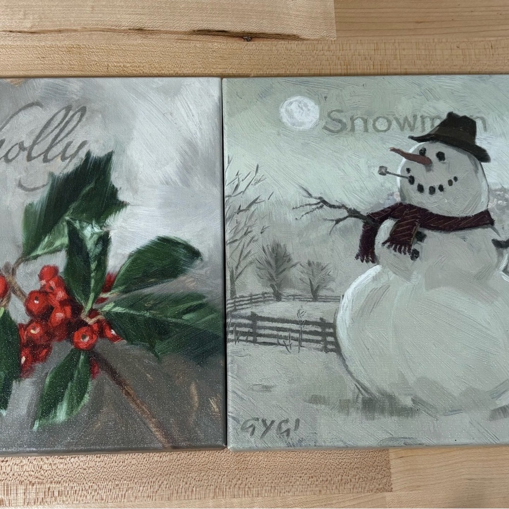 Festive Holiday Canvas Set with Holly and Snowman